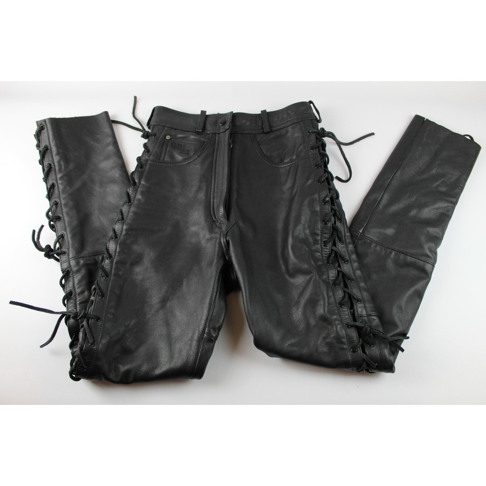 Hein Gericke Classic Gear Biker Black Leather Pants XS WOVEN Retro Straight Leg